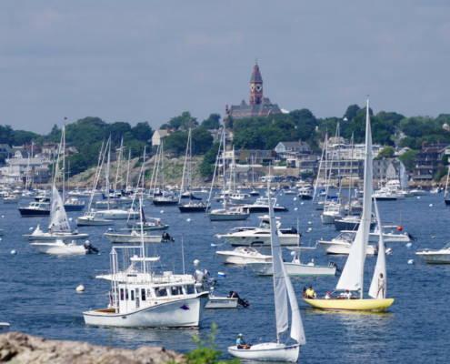 View of the harbor and Abbott Hall from Chandley Hovery Park and the lighthouse on Follett St., Marblehead, Massachusetts