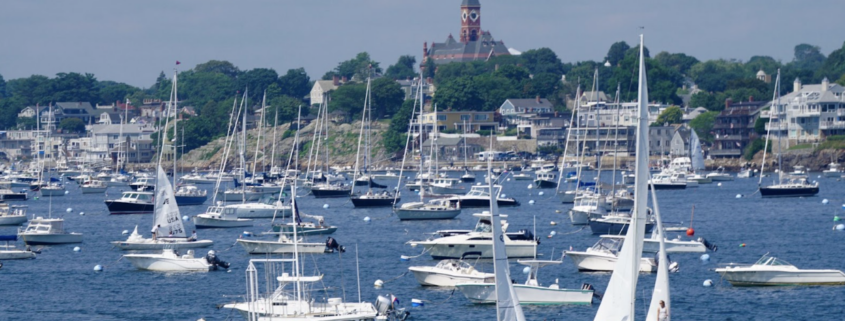 View of the harbor and Abbott Hall from Chandley Hovery Park and the lighthouse on Follett St., Marblehead, Massachusetts
